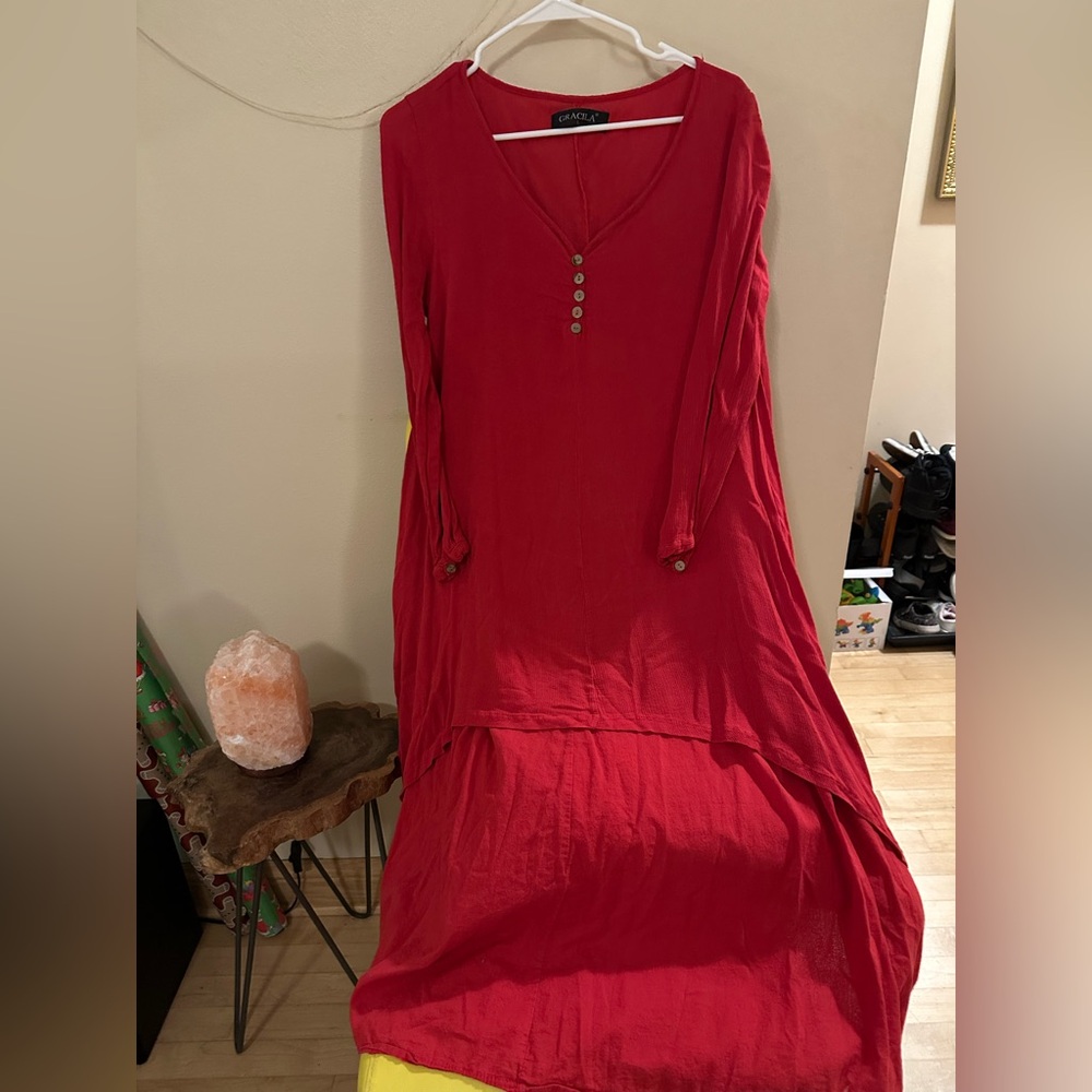 Red V-Neck Buttoned Women's Dress